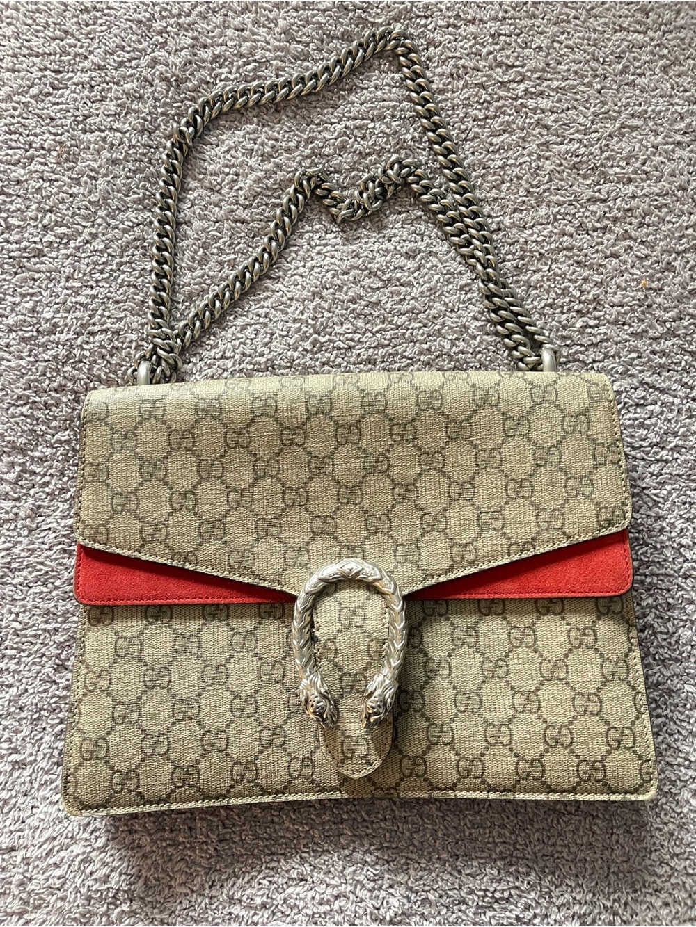 Gucci Beige GG Supreme Shoulder Bag with Red Suede Trim